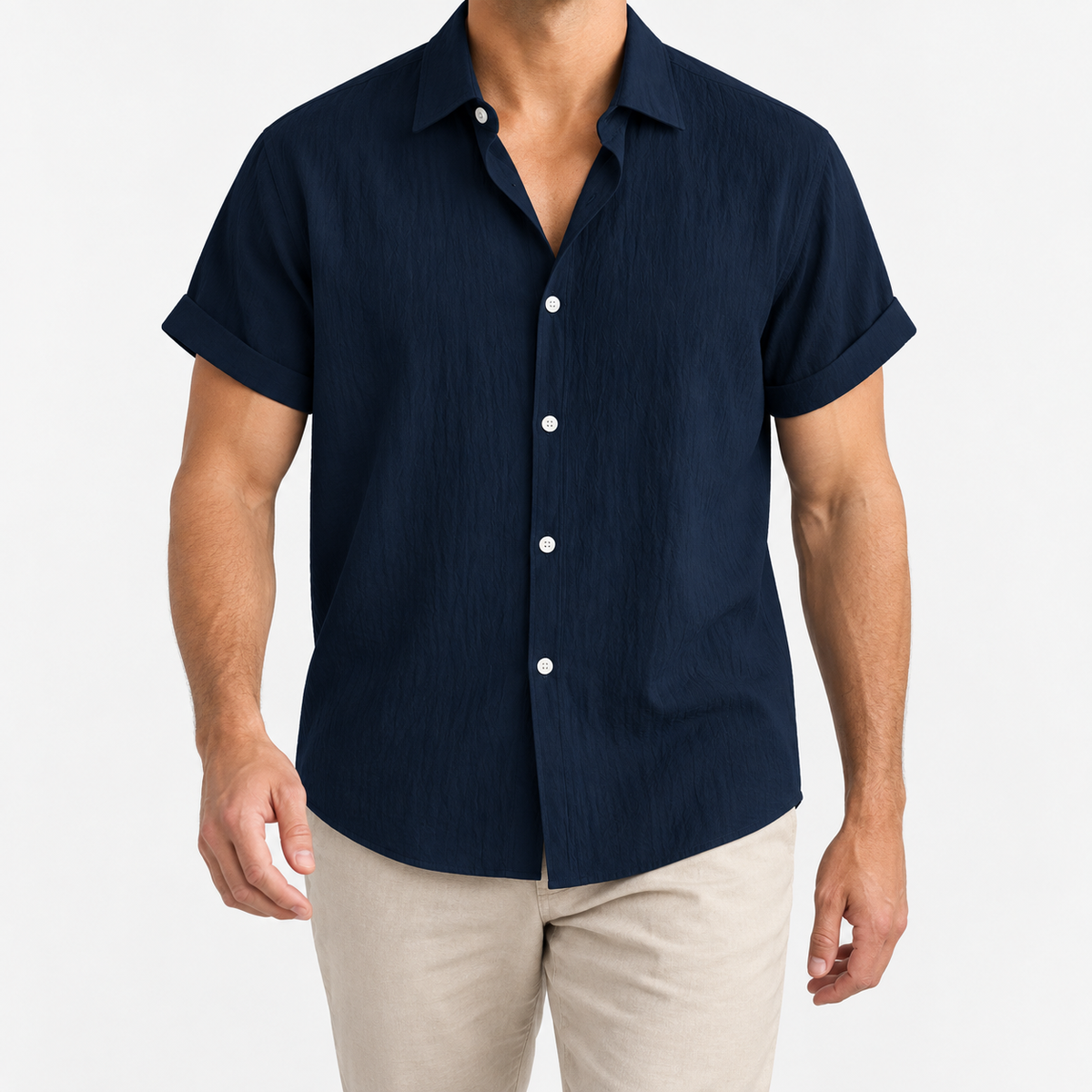 Short-sleeved cotton summer golf t-shirt in dark blue, front model view