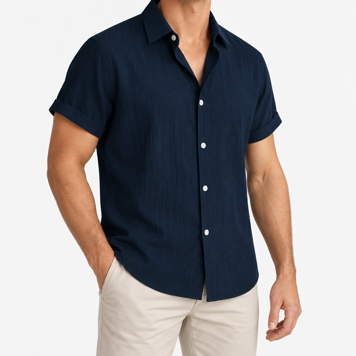 Short-sleeved cotton summer golf t-shirt in dark blue, three-quarter model view