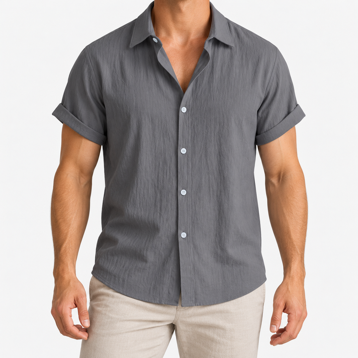 Short-sleeved cotton summer golf t-shirt in grey, front model view