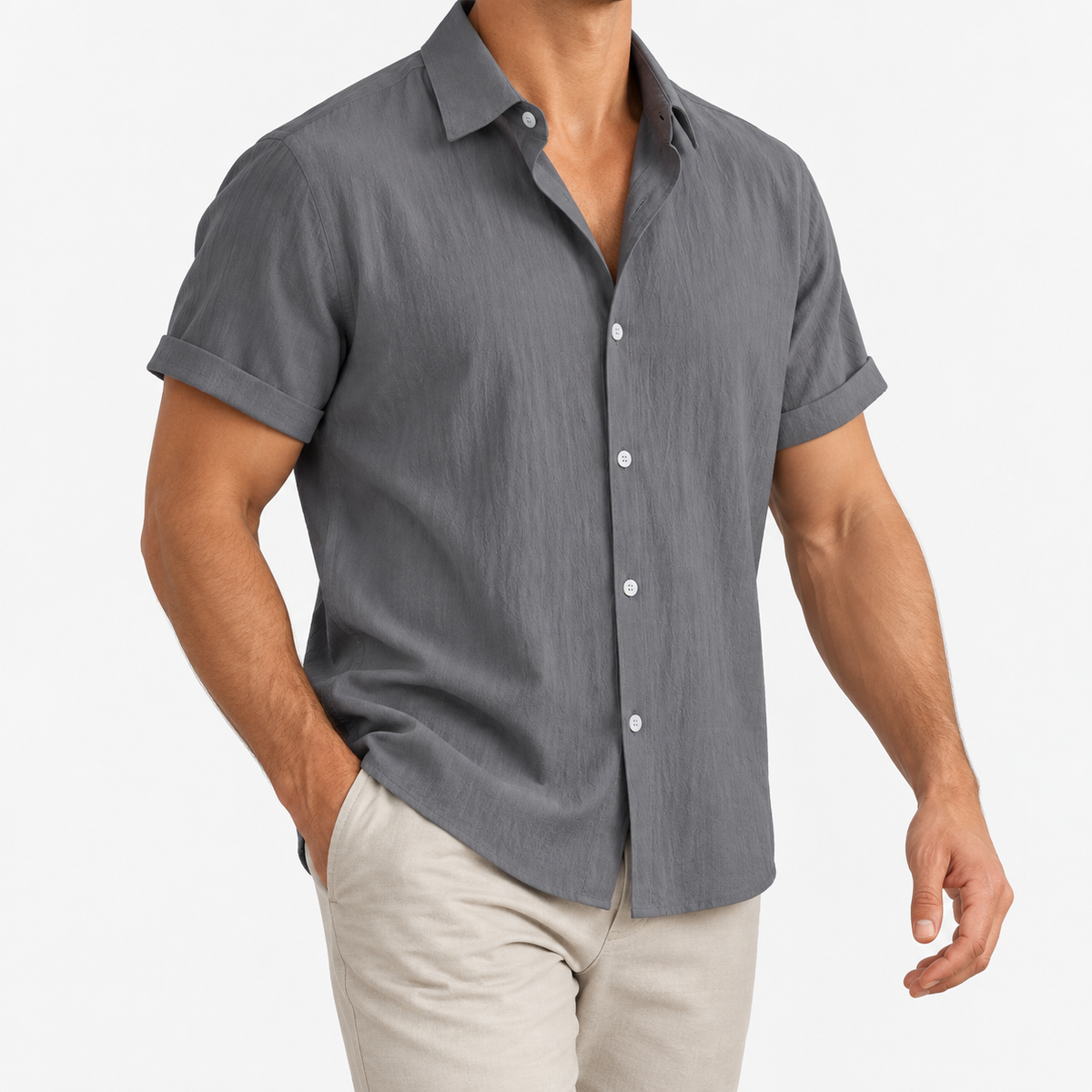 Short-sleeved cotton summer golf t-shirt in grey, three-quarter model view