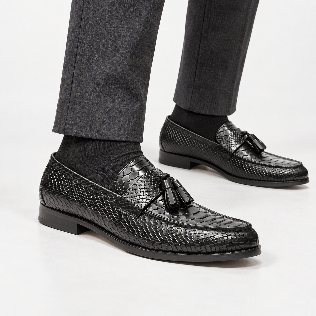 Leonardo premium pattern leather loafers in black, side worn view