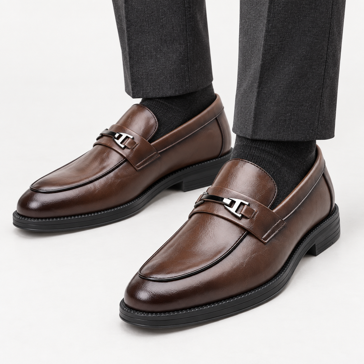 Leonardo slip-on business loafers in brown, front worn view