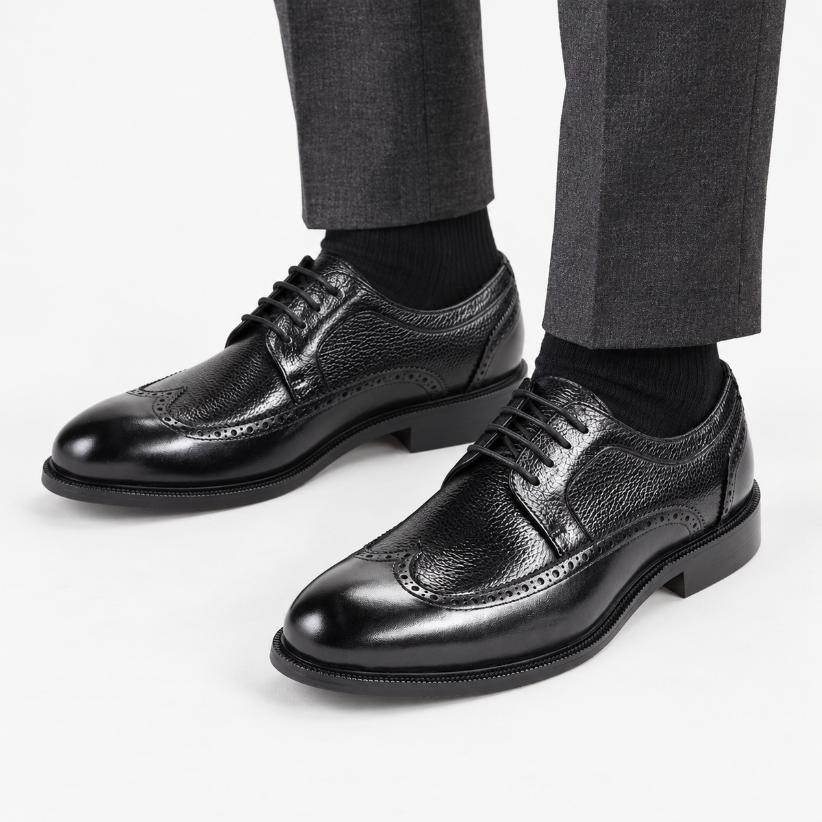 Leonardo formal genuine leather shoes in black, front worn view