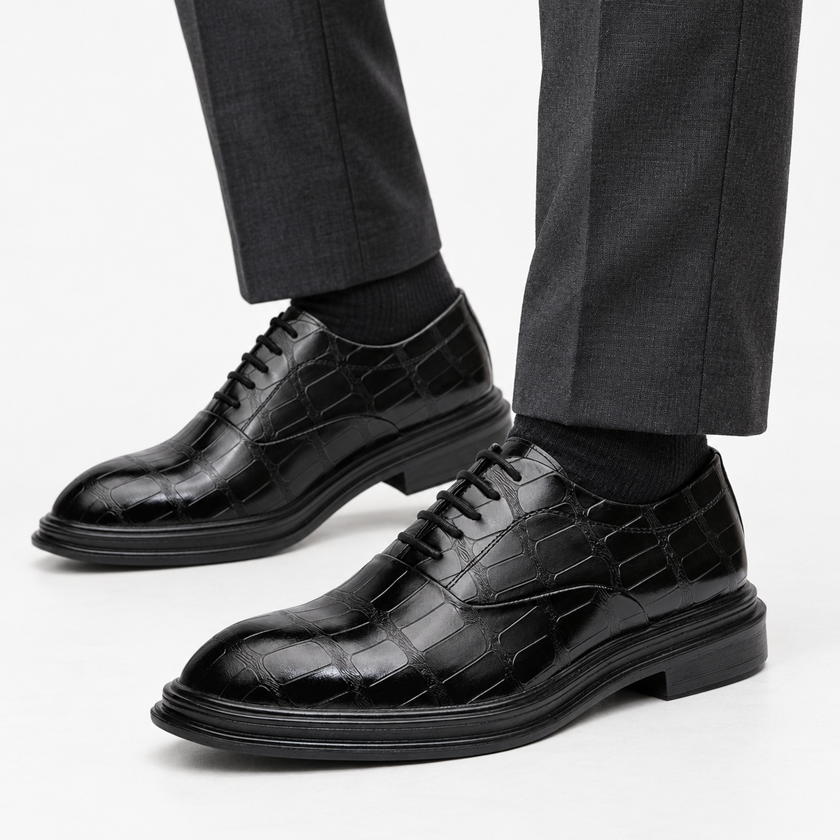 Leonardo luxury wedding shoes in black, side worn view