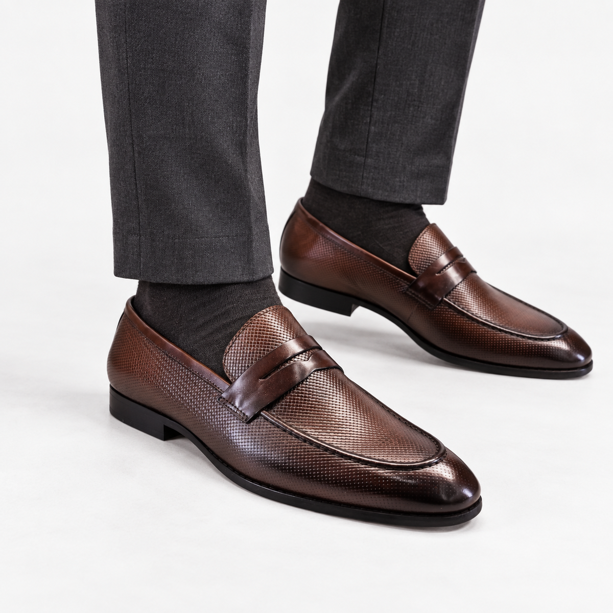 Leonardo genuine leather penny loafers in coffee, side worn view