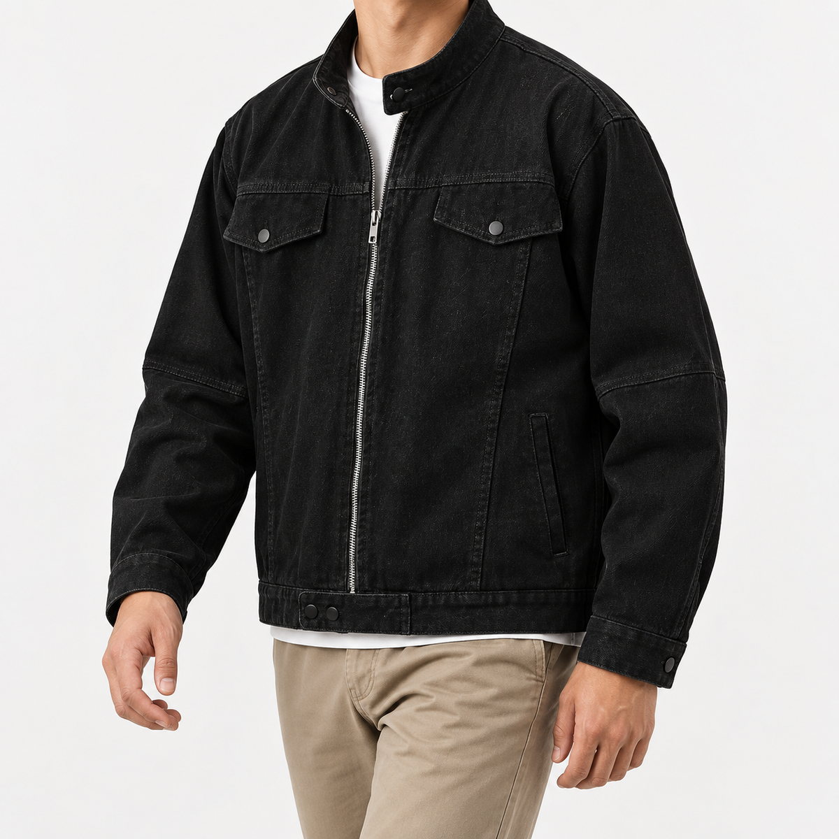 Leonardo pure cotton spring/autumn jacket in black, three-quarter model view