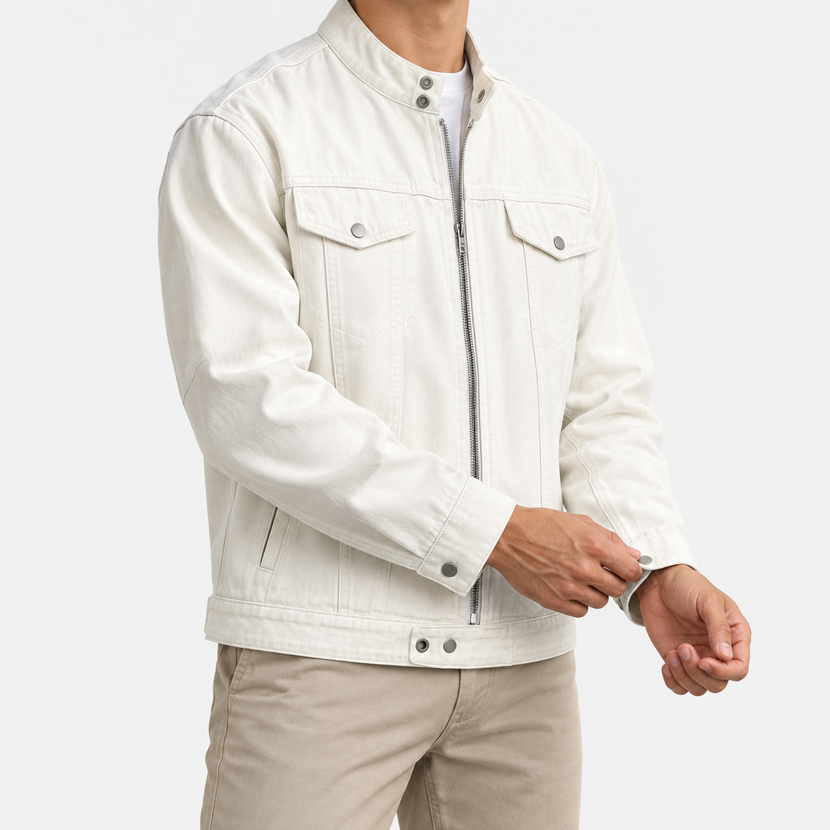 Leonardo pure cotton spring/autumn jacket in white, three-quarter model view