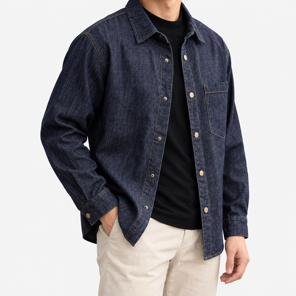 Leonardo cotton-linen classic jacket in blue, three-quarter model view