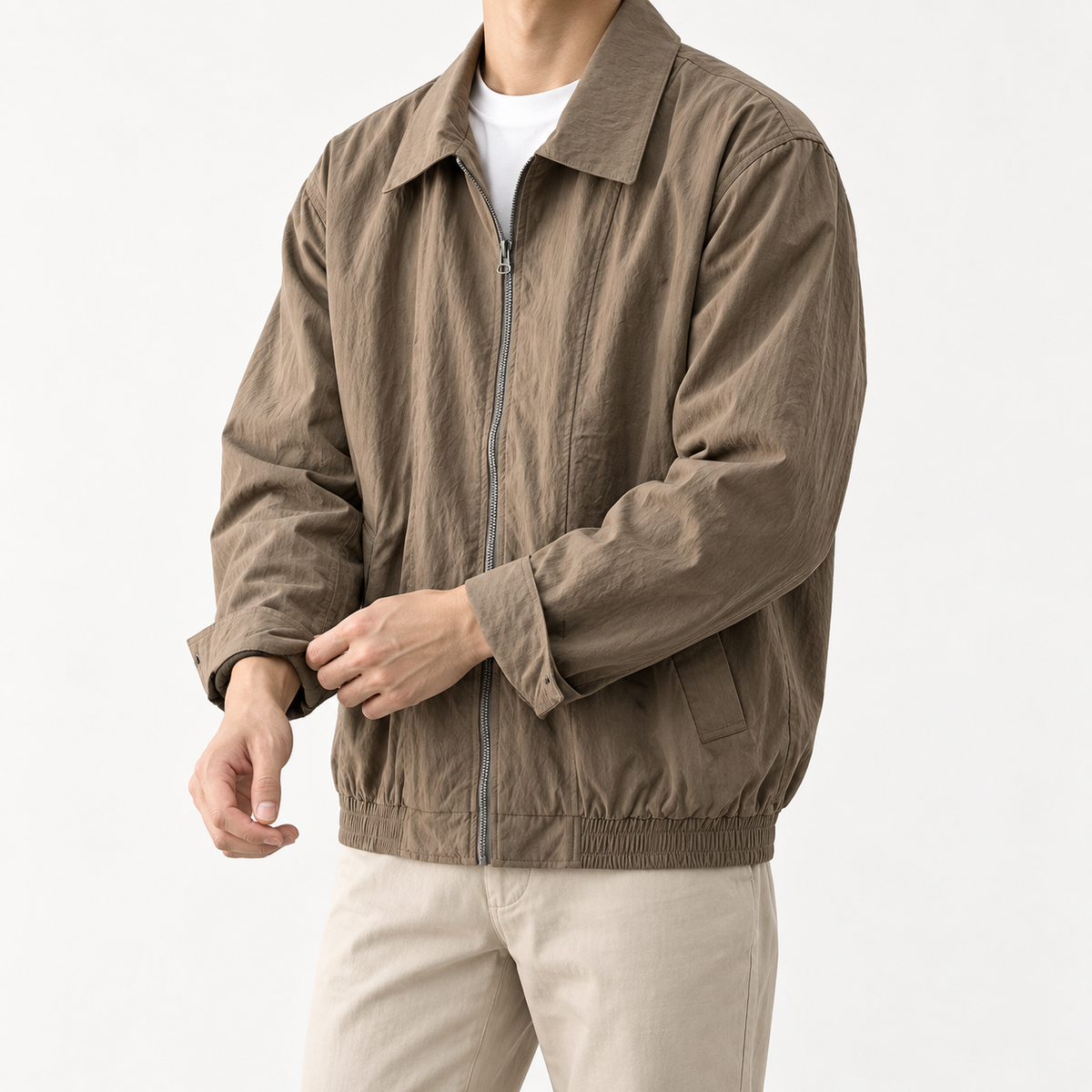 Will retro loose bomber jacket in coffee, three-quarter model view