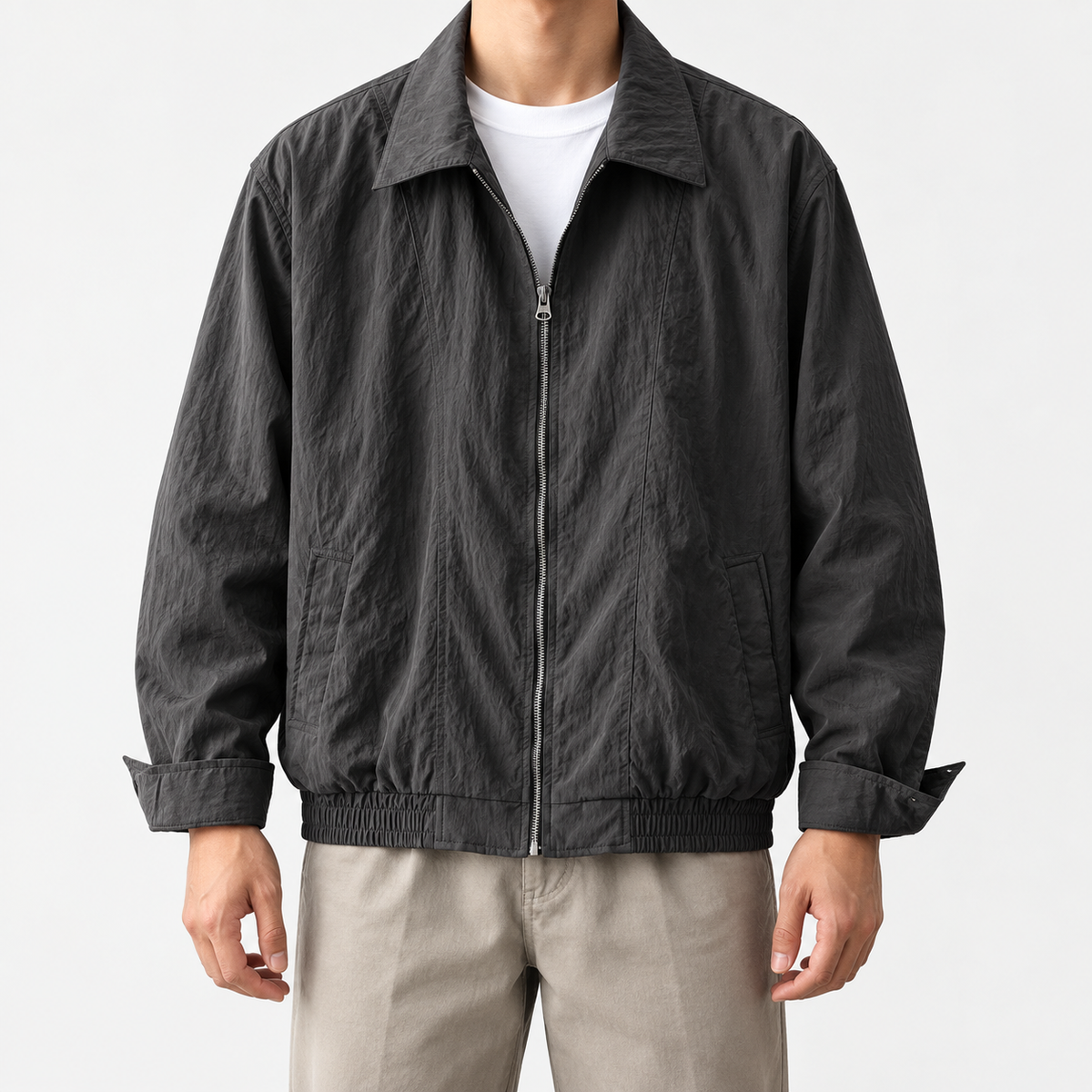 Will retro loose bomber jacket in gray, front model view