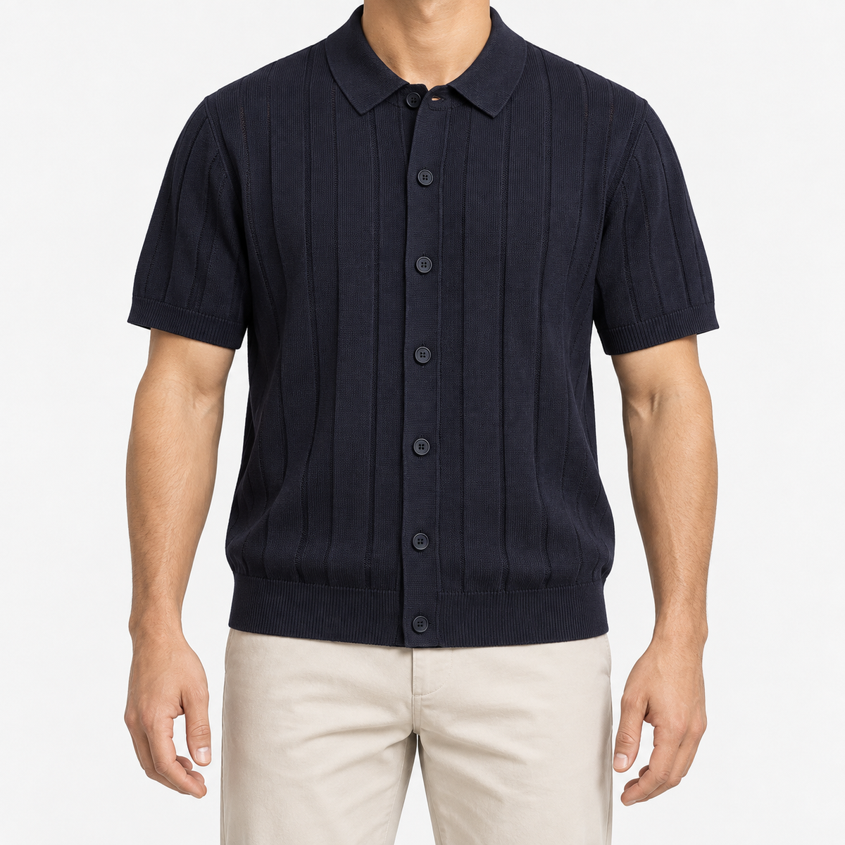 Summer vintage gentleman polo shirt in navy blue, front model view