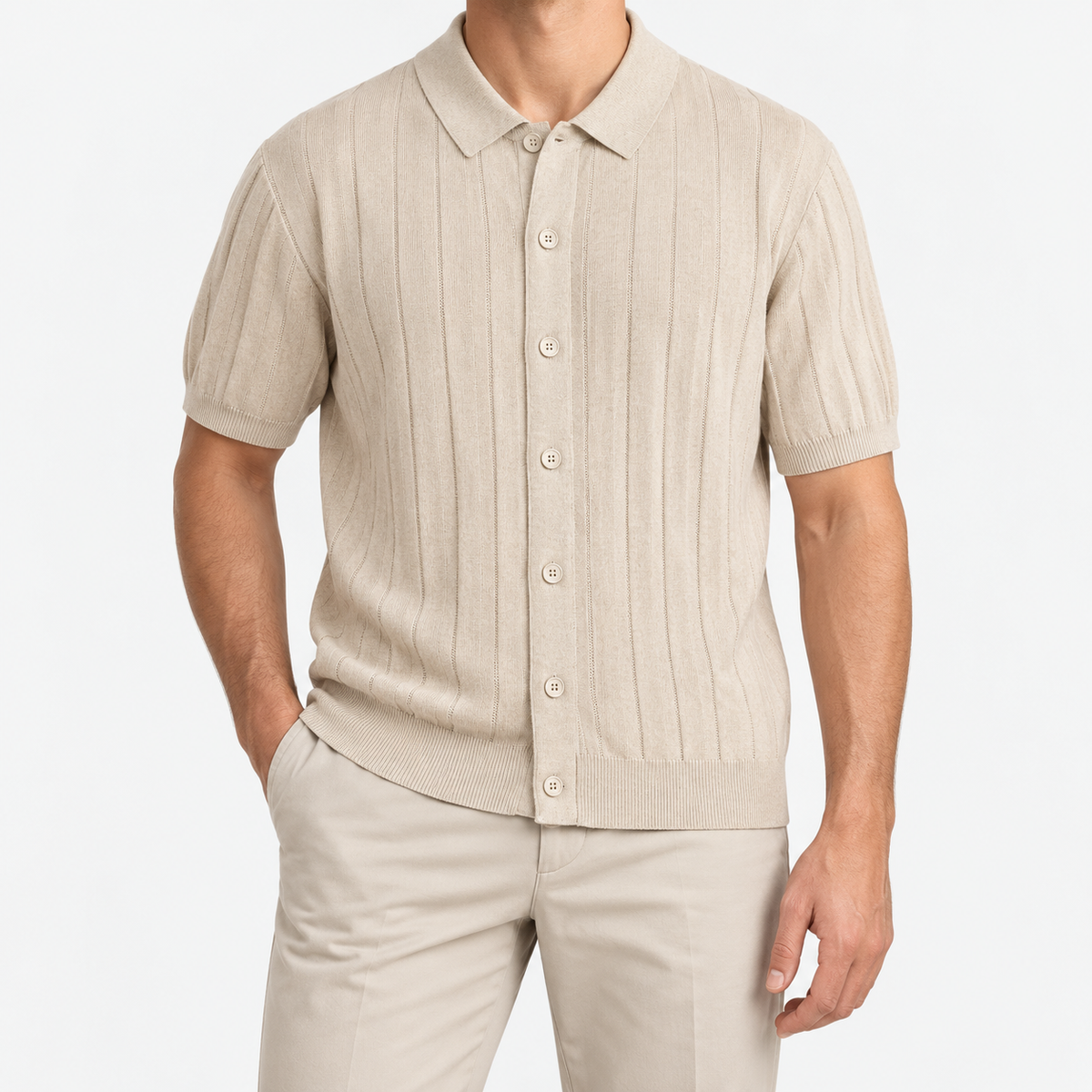 Summer vintage gentleman polo shirt in khaki, front model view
