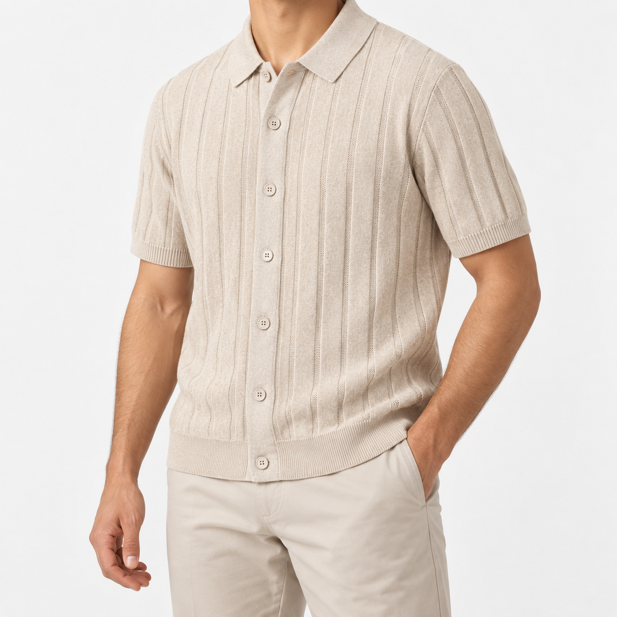 Summer vintage gentleman polo shirt in khaki, three-quarter model view