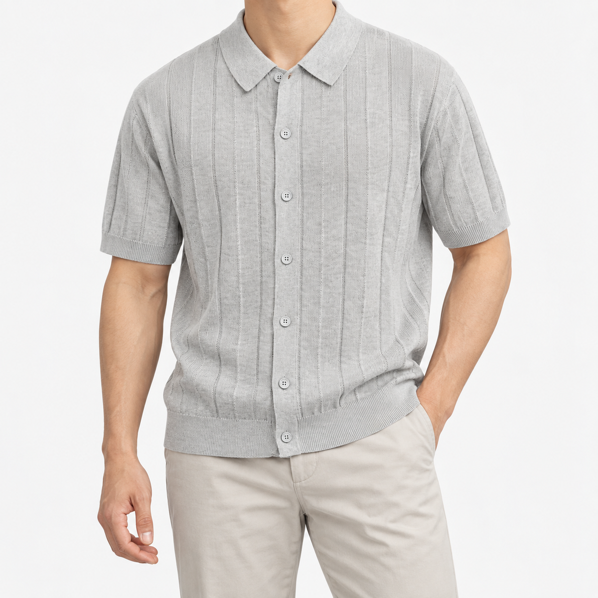 Summer vintage gentleman polo shirt in gray, front model view