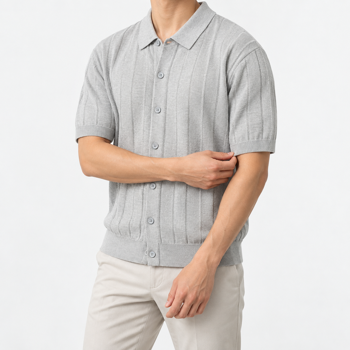 Summer vintage gentleman polo shirt in gray, three-quarter model view