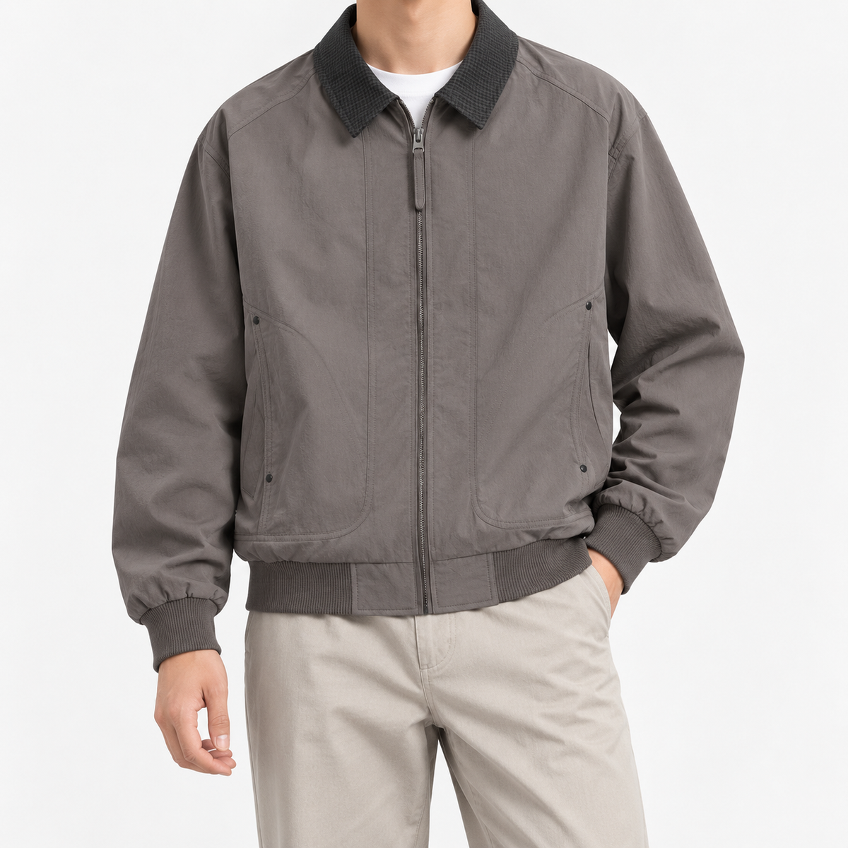 Leonardo spring/autumn bomber jacket in gray green, front model view