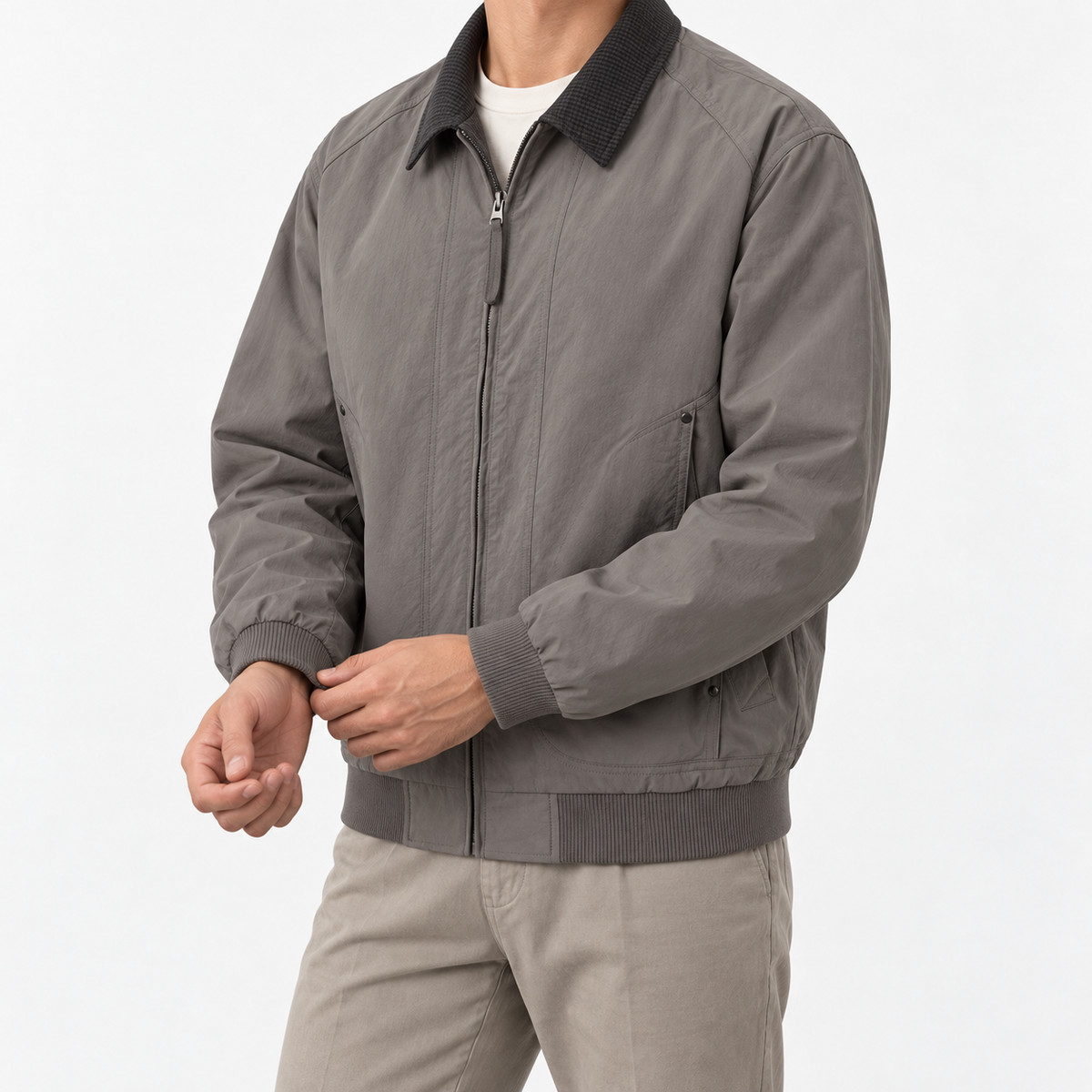 Leonardo spring/autumn bomber jacket in gray green, three-quarter model view