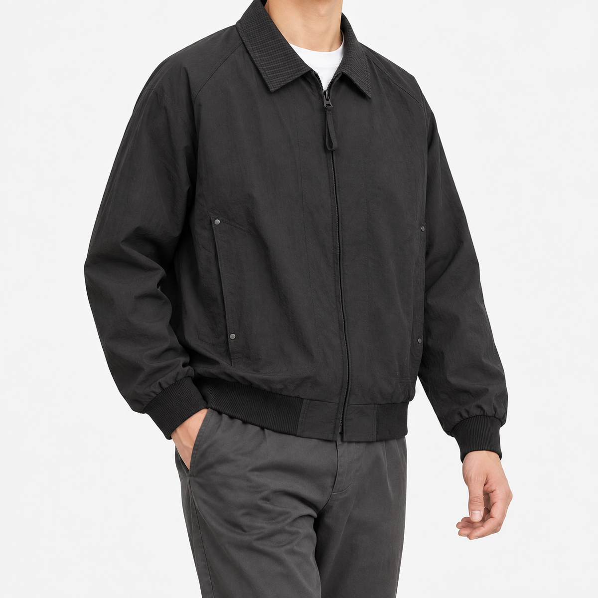 Leonardo spring/autumn bomber jacket in black, three-quarter model view