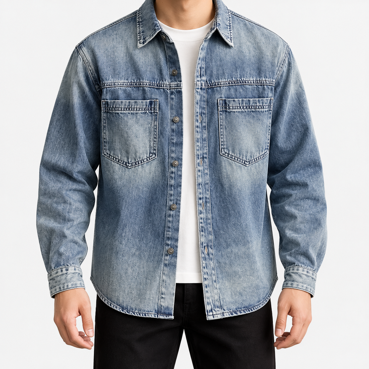 Leonardo classic denim jacket in blue, front model view