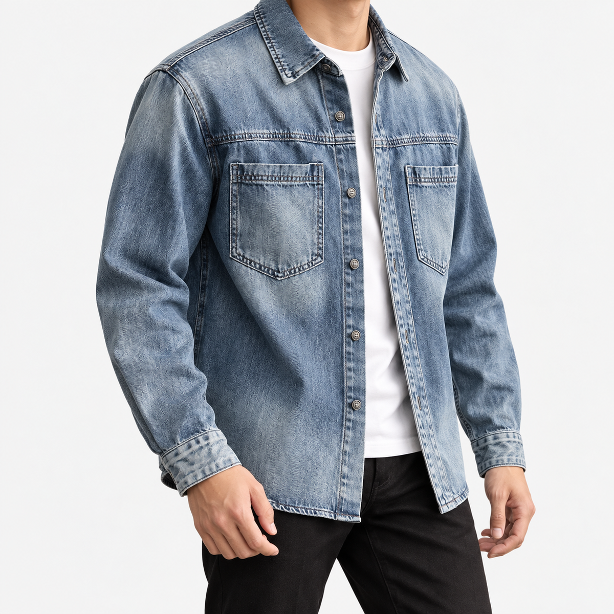 Leonardo classic denim jacket in blue, three-quarter model view