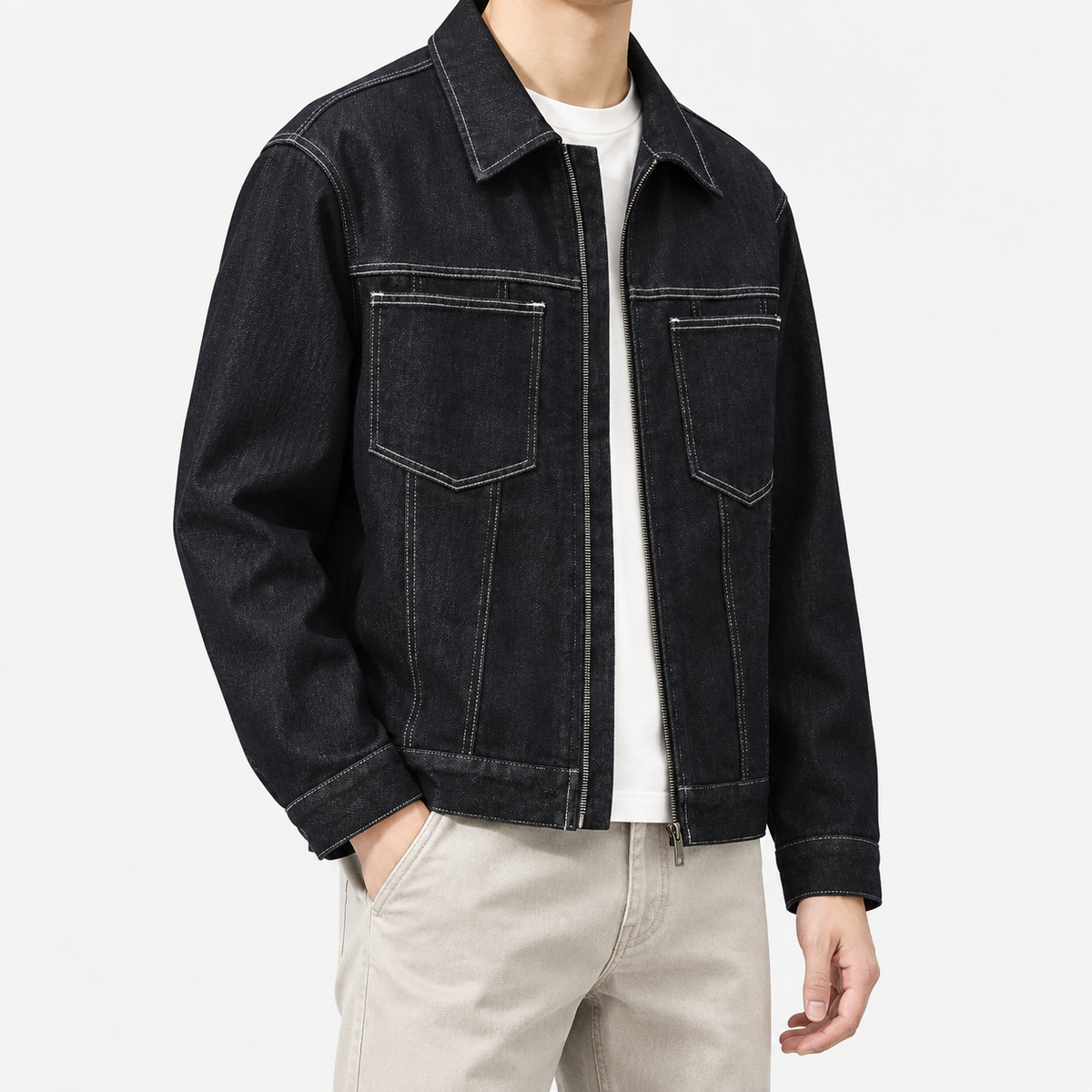 Leonardo navy blue cotton classic jacket in black blue, three-quarter model view
