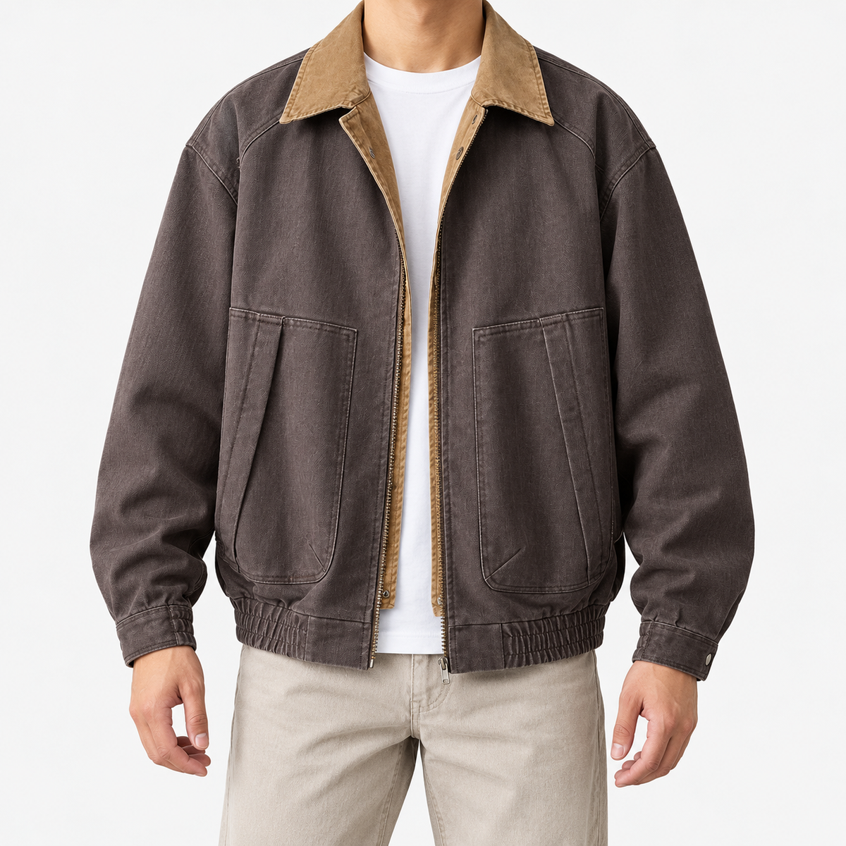Leonardo american cargo jacket in brown, front model view