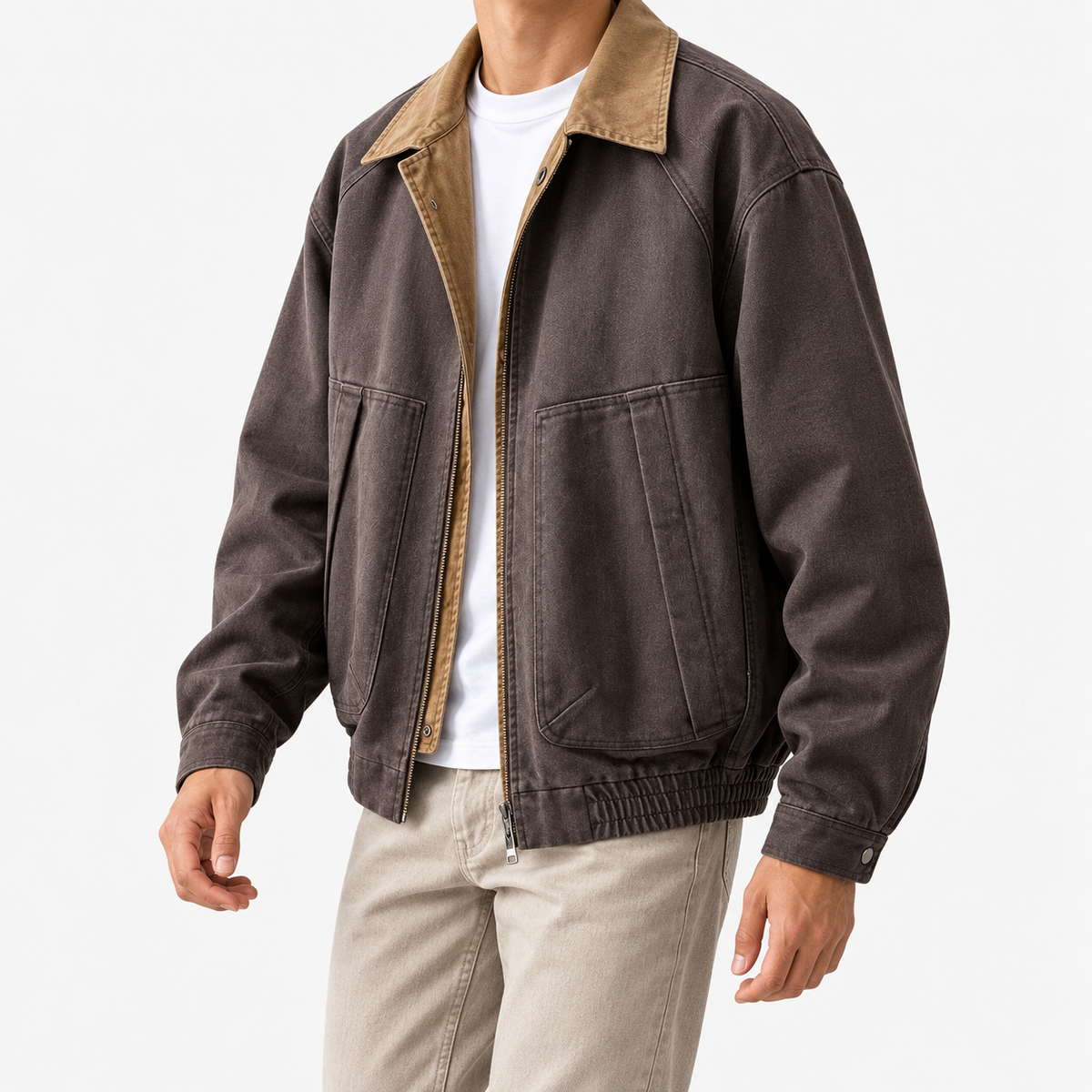 Leonardo american cargo jacket in brown, three-quarter model view