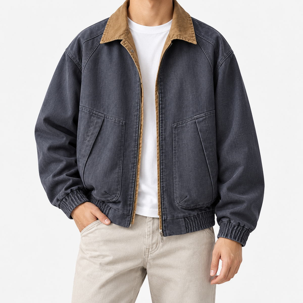 Leonardo american cargo jacket in blue, front model view