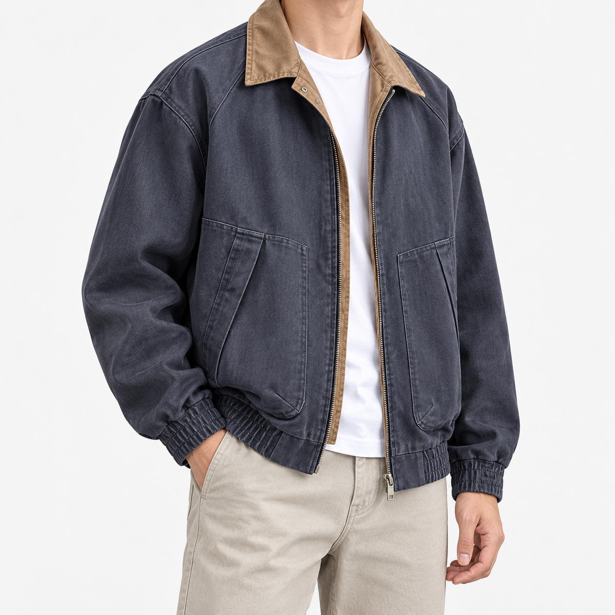 Leonardo american cargo jacket in blue, three-quarter model view