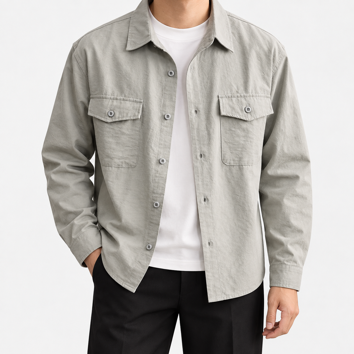Leonardo streetwear gray jacket in light gray, front model view