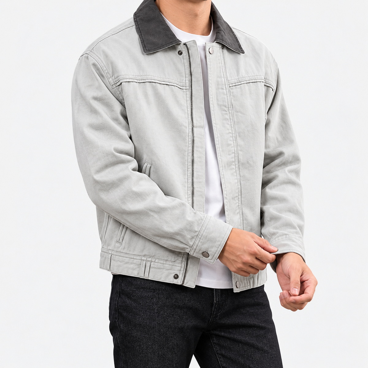 Leonardo american washed cotton jacket in white gray, three-quarter model view