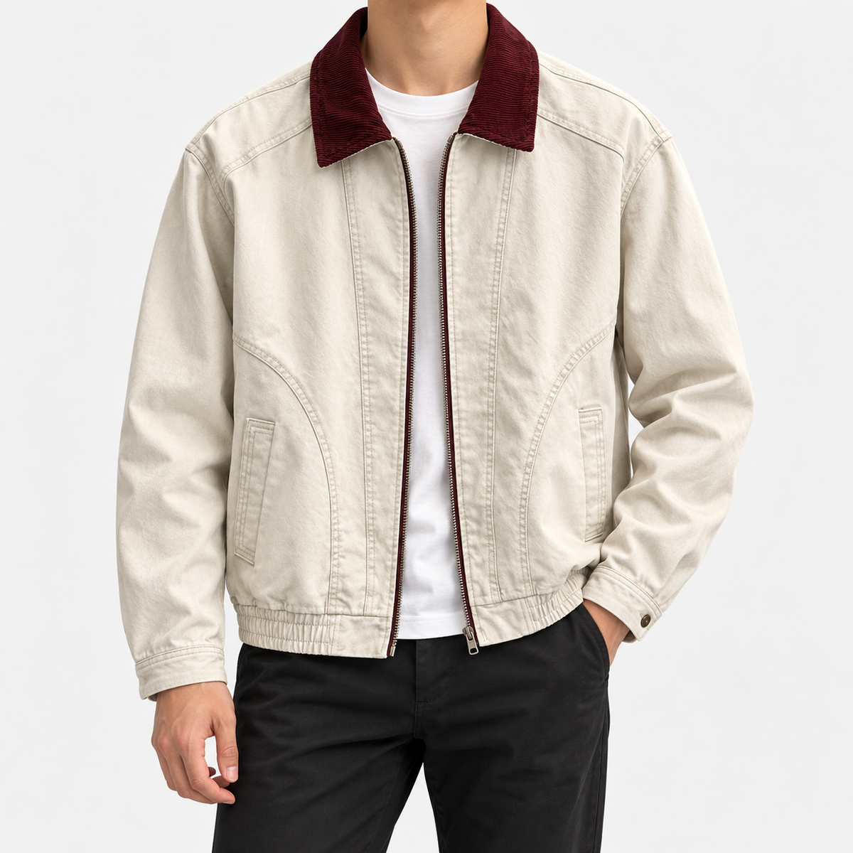 Leonardo cotton jacket with high-contrast collar in beige, front model view