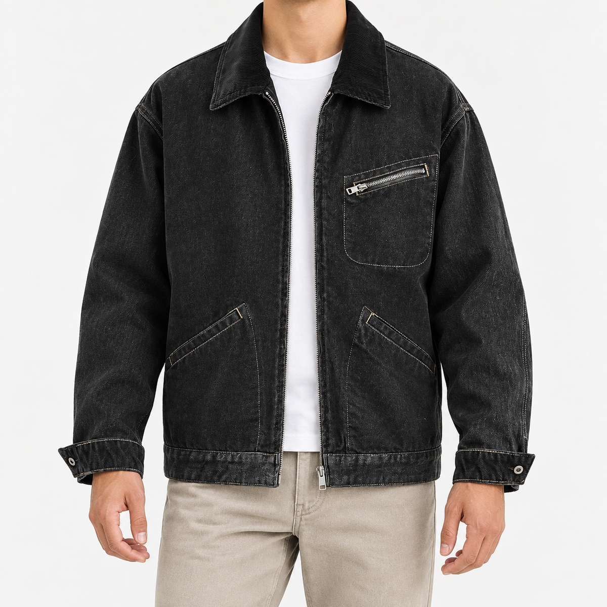 Leonardo casual denim loose jacket in black, front model view