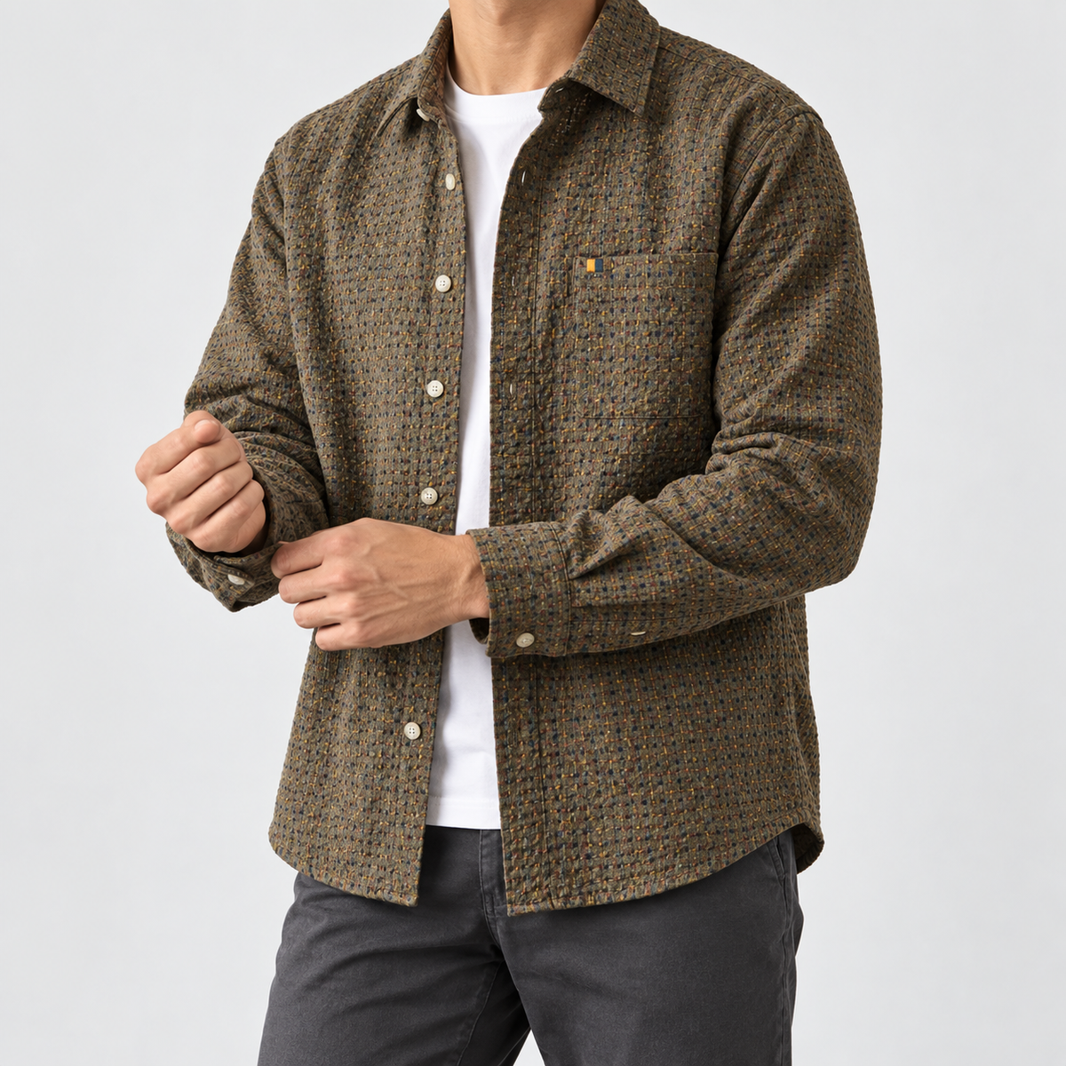 Leonardo plaid classic overshirt in coffee, side worn view