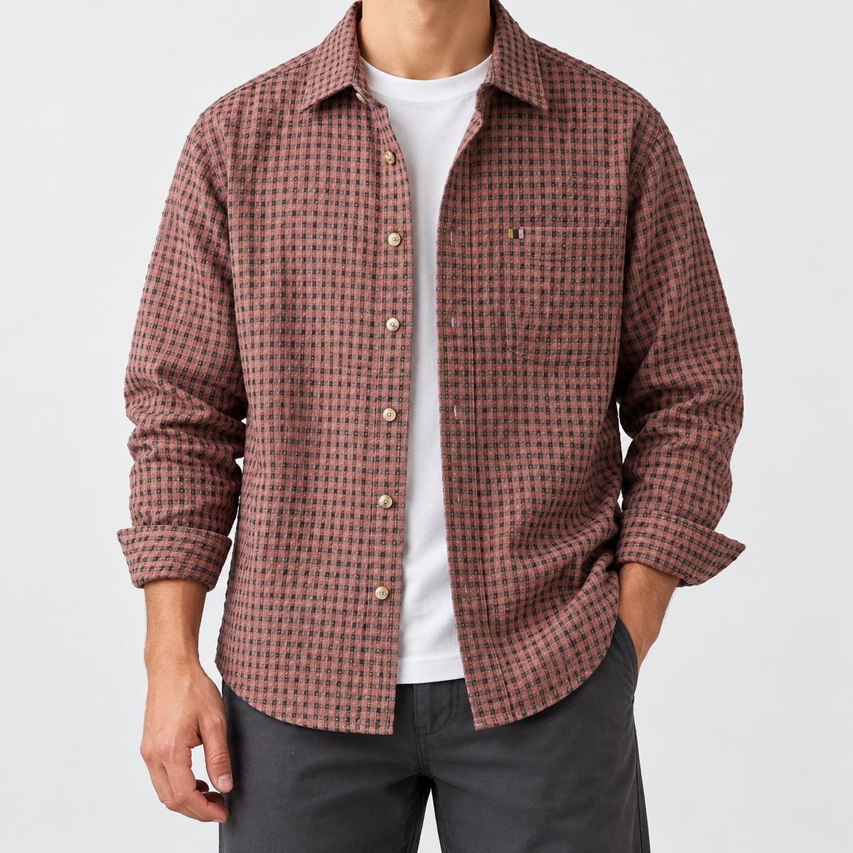 Leonardo plaid classic overshirt in pink, front worn view