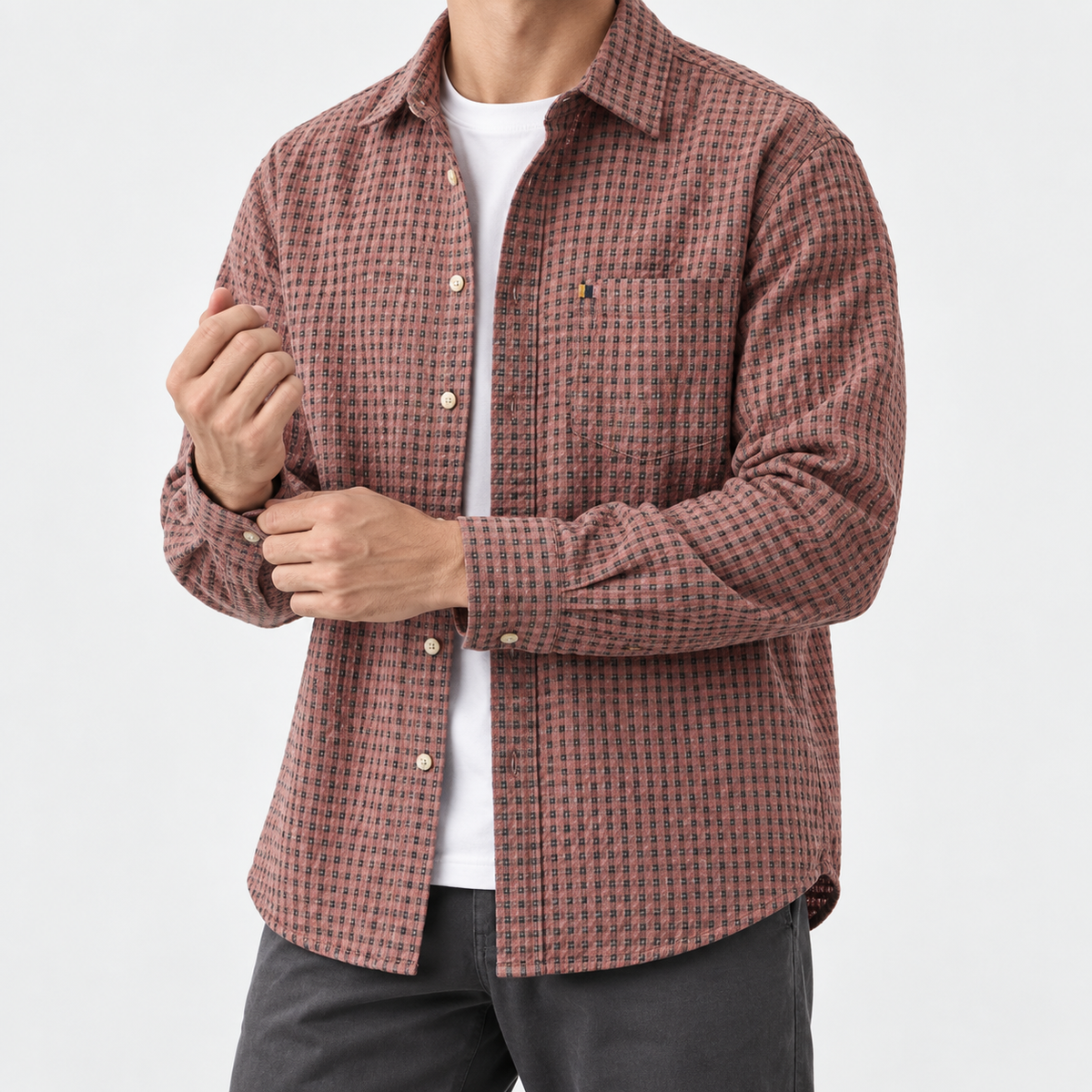 Leonardo plaid classic overshirt in pink, side worn view