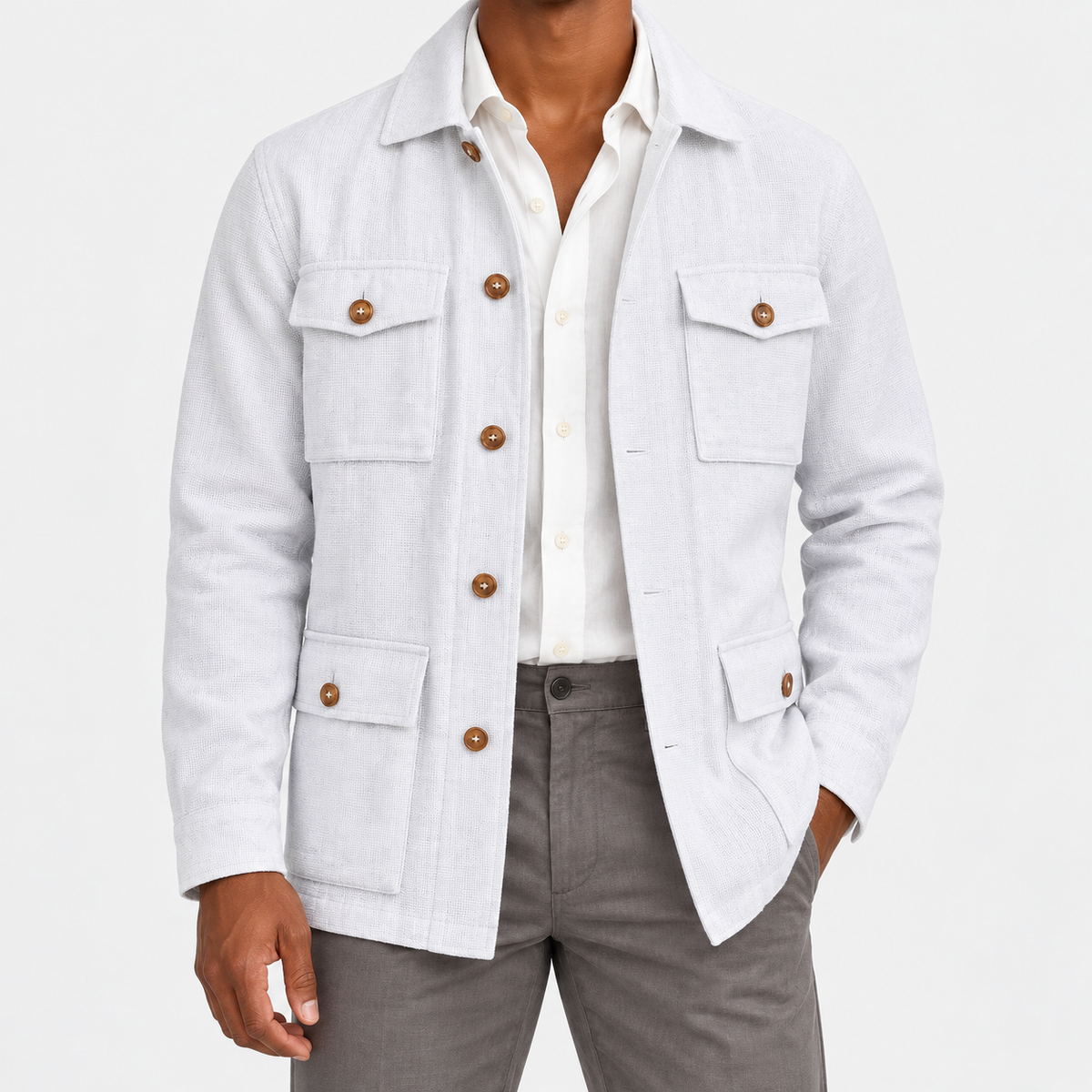 Leo cotton blazer for casual dress in white, front worn view