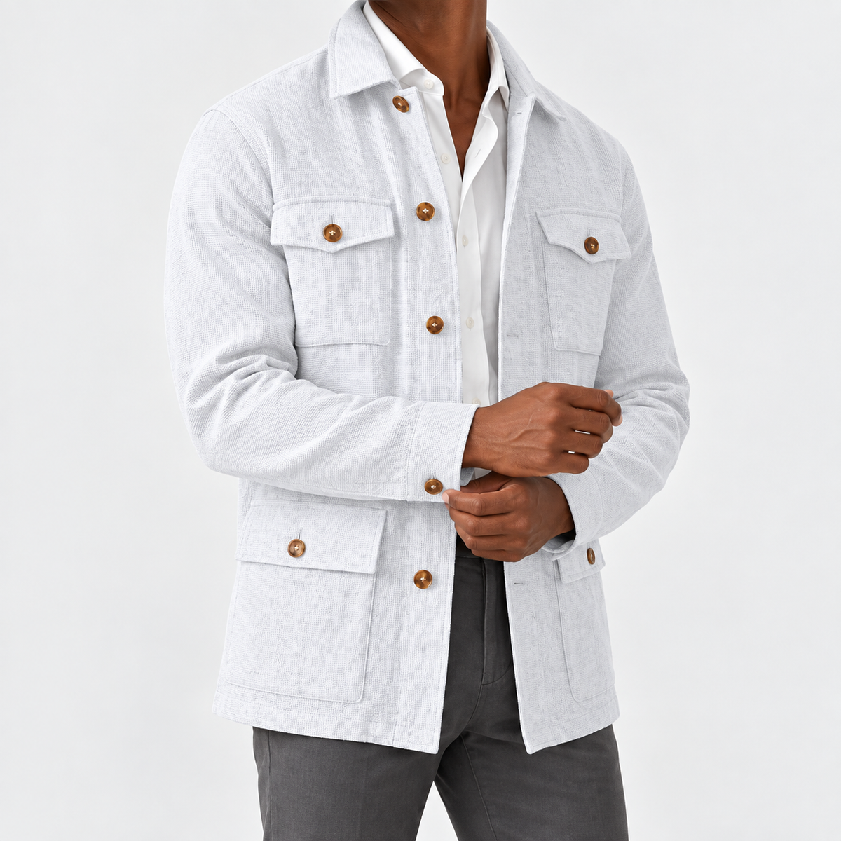 Leo cotton blazer for casual dress in white, side worn view