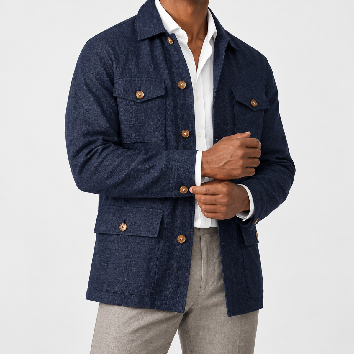Leo cotton blazer for casual dress in navy blue, side worn view