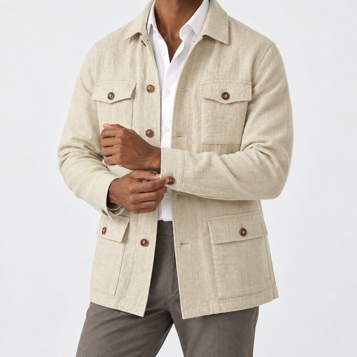 Leo cotton blazer for casual dress in beige, side worn view
