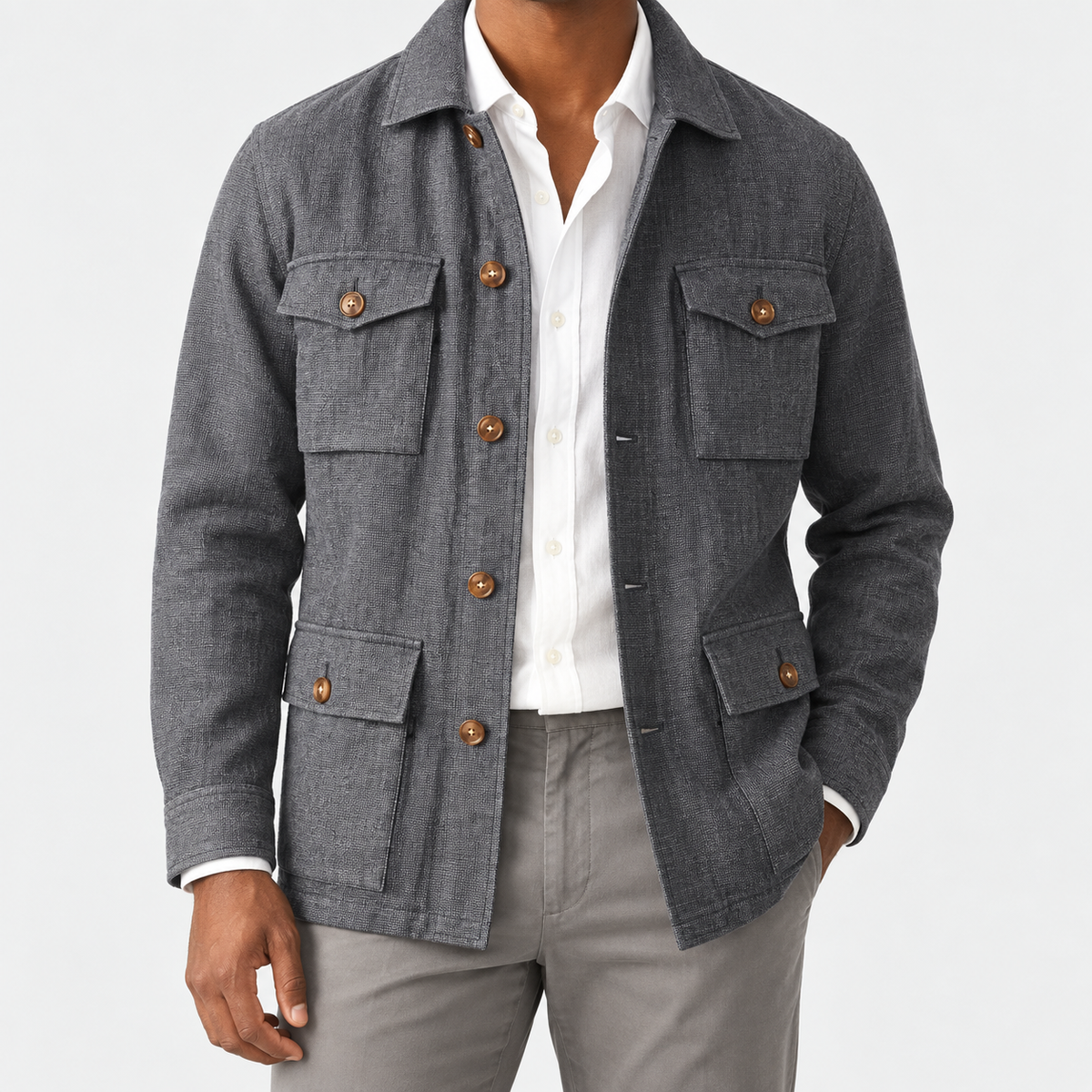 Leo cotton blazer for casual dress in dark grey, front worn view