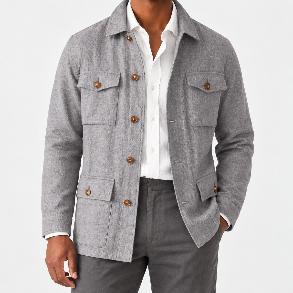 Leo cotton blazer for casual dress in grey, front worn view