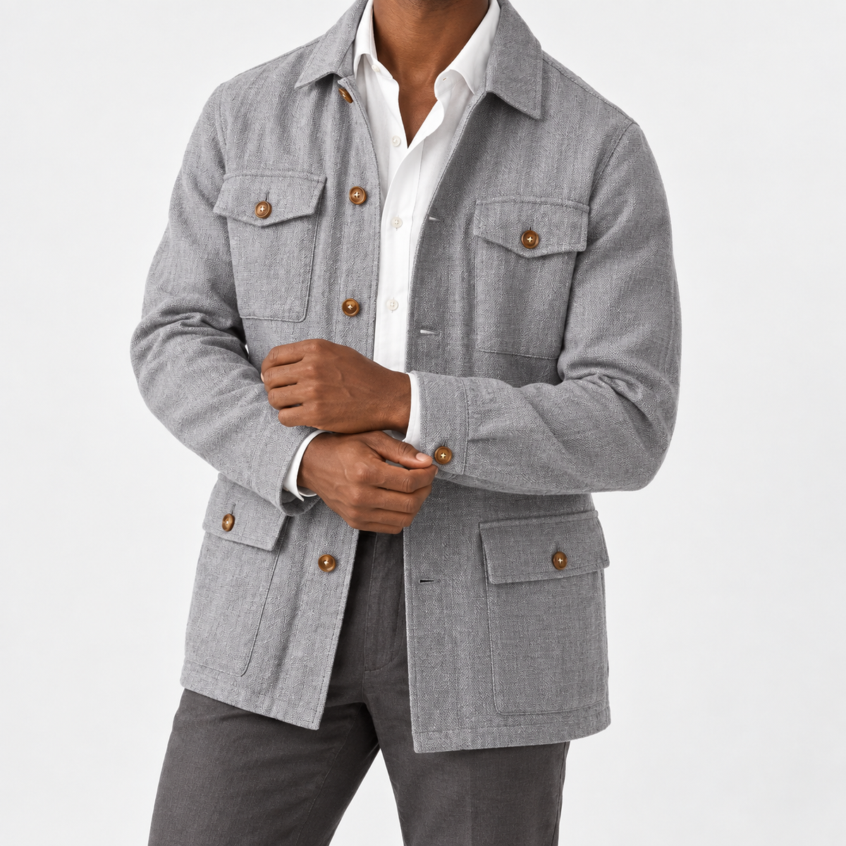 Leo cotton blazer for casual dress in grey, side worn view