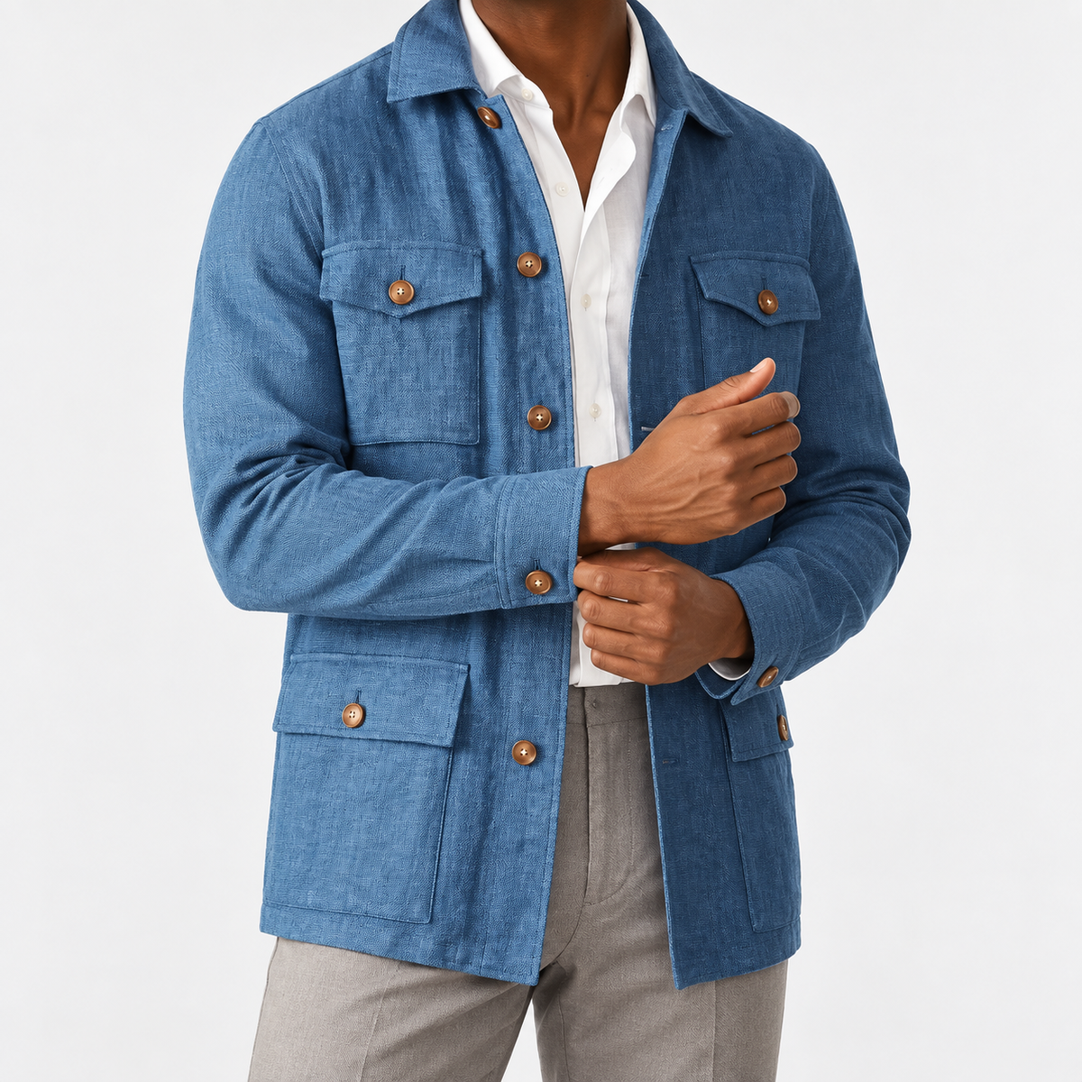 Leo cotton blazer for casual dress in blue, side worn view