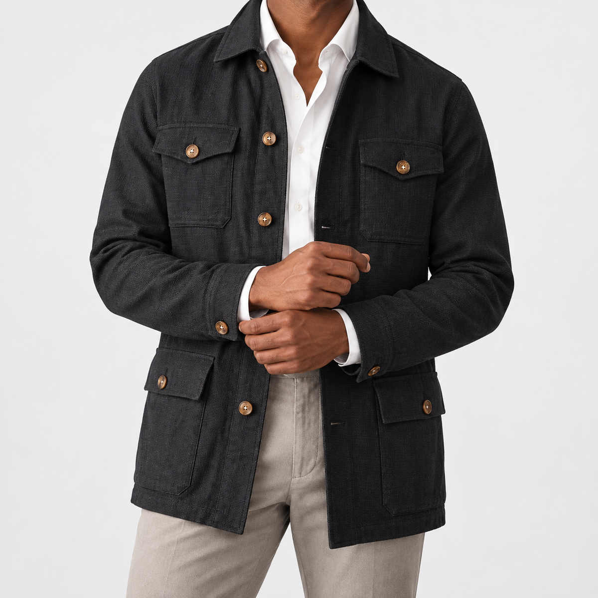 Leo cotton blazer for casual dress in black, side worn view