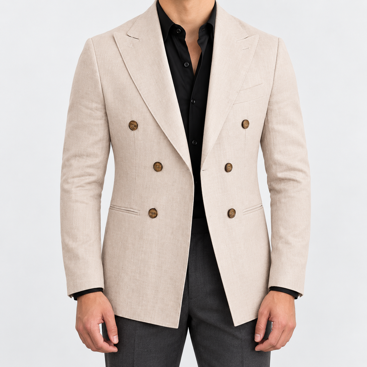 Leo soft slim fit blazer in beige, front worn view