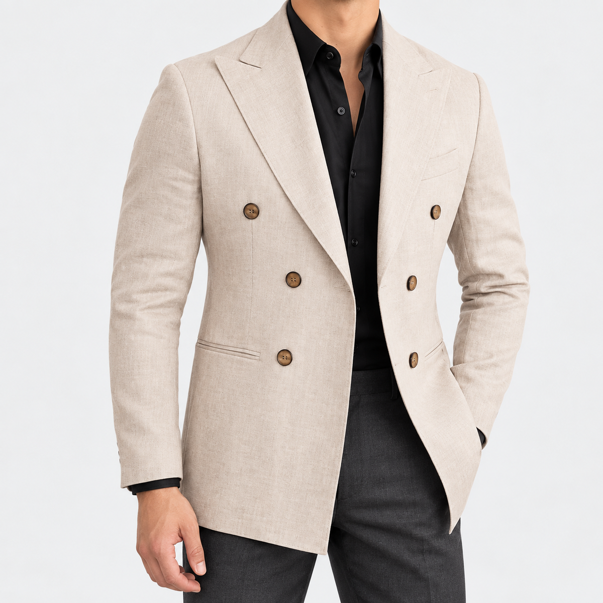 Leo soft slim fit blazer in beige, side worn view