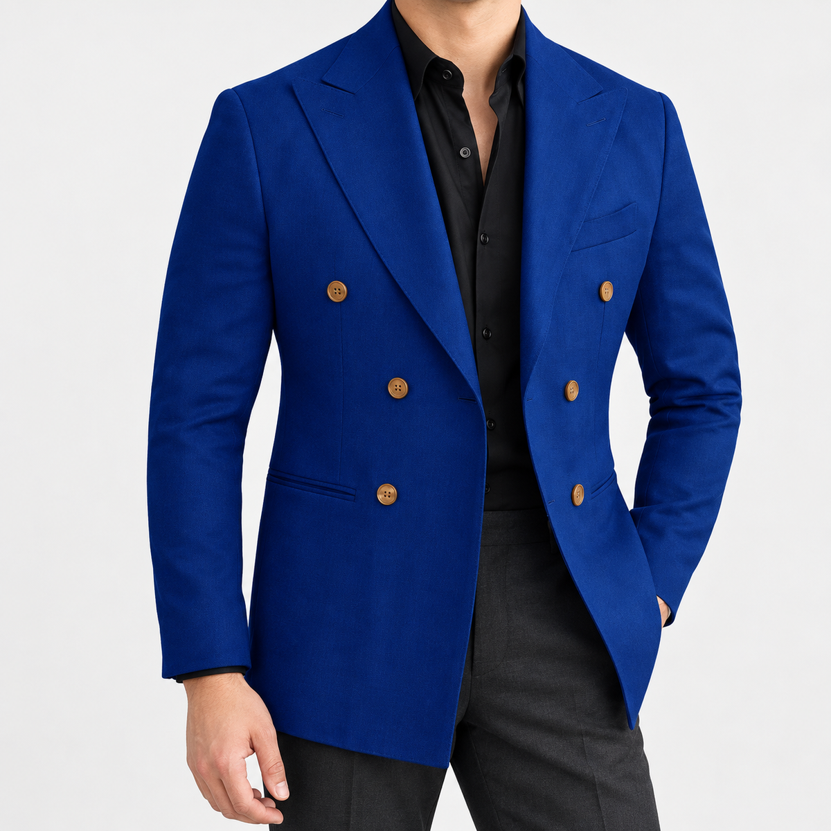 Leo soft slim fit blazer in royal blue, side worn view