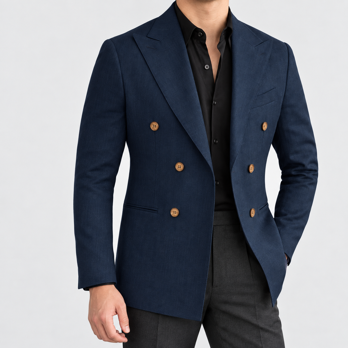 Leo soft slim fit blazer in navy blue, side worn view