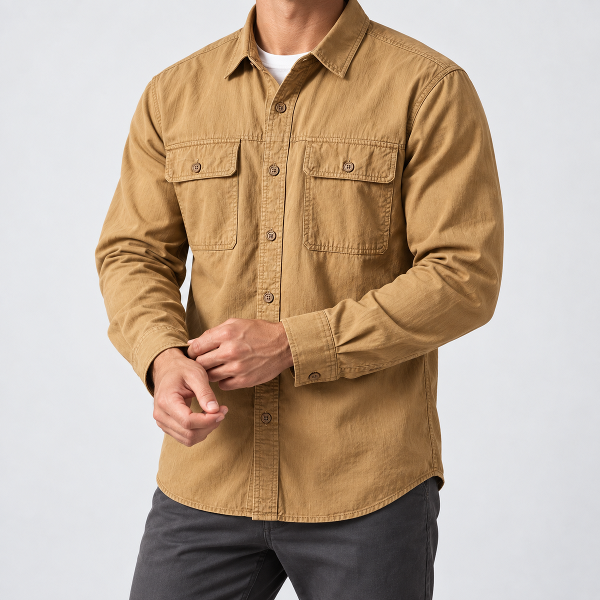 Leo 100% cotton retro utility shirt in khaki, side worn view